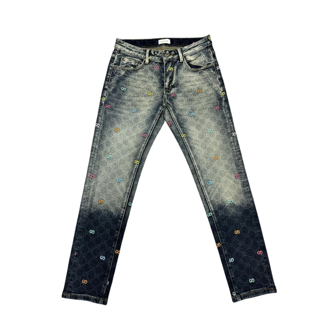 Multi-Color Embroidered GG Monogram Jeans | Washed Black