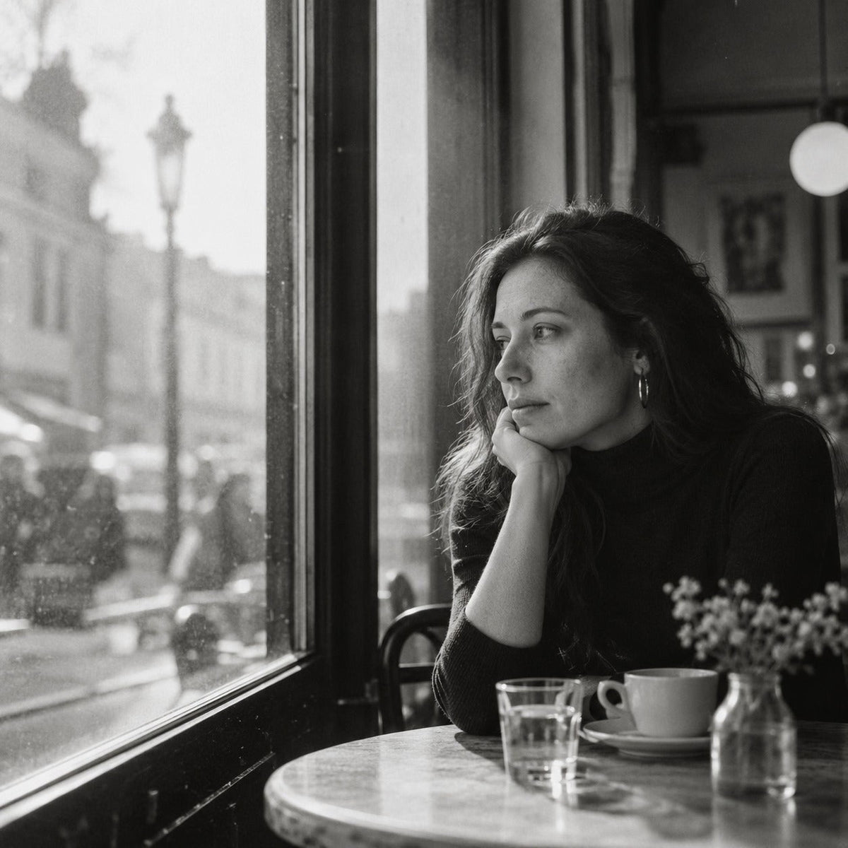 Woman in a black turtleneck seated by a cafe window in daylight, black and white